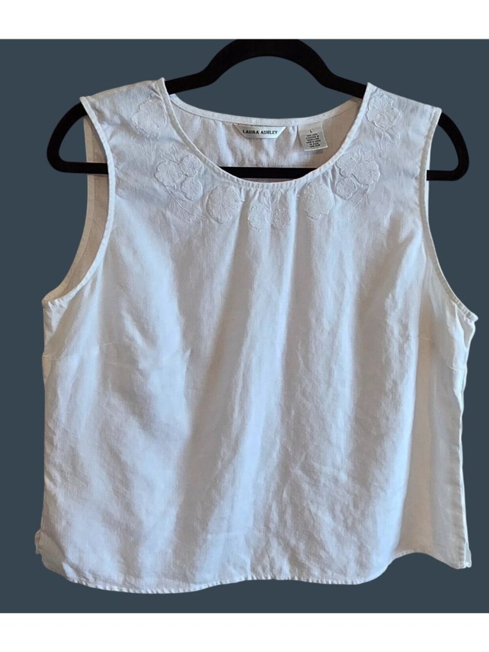 Laura Ashley Embroidered White Linen Tank Top Large Crewneck Sleeveless fairy